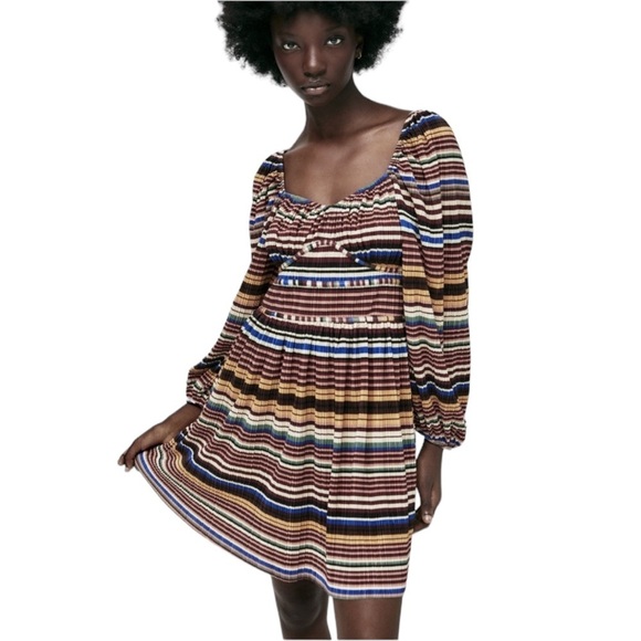 ZARA Multicolor Stripe Pleated Long Balloon Sleeve Dress - Picture 2 of 14